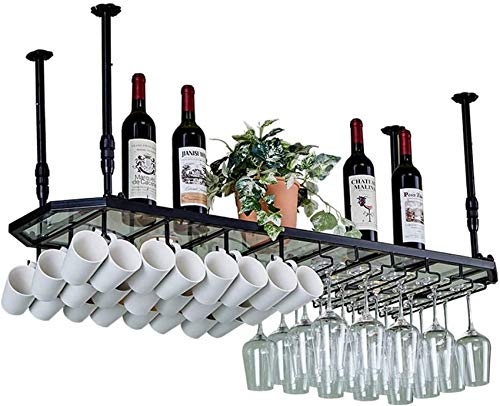 UYZ Portabicchieri per Vino Rosso, Decorazione bancone Bar Europeo Capovolto, Appendiabiti, Sospensione per calici Domestici, portabottiglie con Luce (Colore: Nero, Dimensioni: 100 * 35 cm)