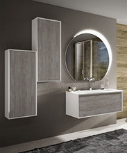 Mobile bagno sospeso moderno Venus pino sbiancato effetto legno, misura cm 100, con specchio a led,lavabo e 2 colonne