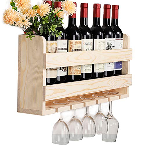 Porta Bottiglie da Vino Portabottiglie Vino Legno Rustico,portabottiglie in Legno per Vino da Parete,Scaffale Vini Scaffale A Parete Mensole da Muro con Fino A 7 Bottiglie di Vino E 6 Bicchieri Rac