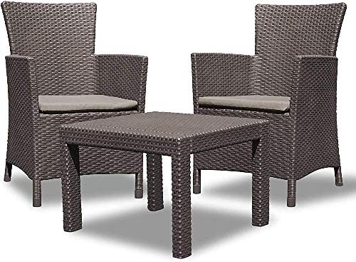 Allibert Rosario Balcony, Set di mobili da giardino, da 2 poltrone e 1 tavolino in plastica, simil-vimini, cuscini, colore antracite (P P Antracite)