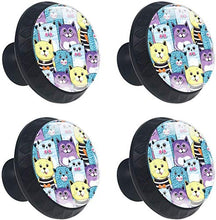 Cartone animato giallo viola blu Cat Pattern Pomelli per Porta Set di 4 Pomelli per Mobili Manopole per Cassetti Cucina Armadio Vetro