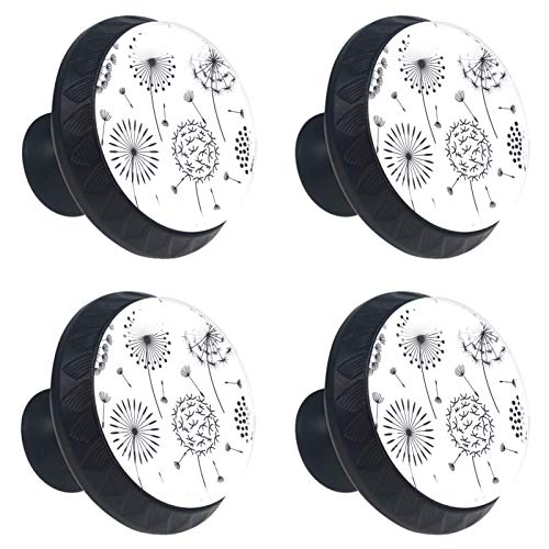 Set di 4 pezzi di ferramenta con maniglia rotonda per armadio da cucina, credenza, cassettiera, cassettiera, credenza, bagno, armadio disegnato a mano, semplice dente di leone bianco e nero