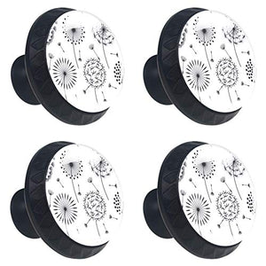Set di 4 pezzi di ferramenta con maniglia rotonda per armadio da cucina, credenza, cassettiera, cassettiera, credenza, bagno, armadio disegnato a mano, semplice dente di leone bianco e nero