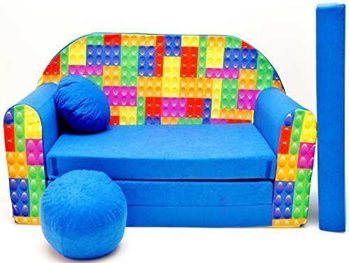 Pro Cosmo C32-Divano letto per bambini con pouf/poggiapiedi/cuscino, in tessuto, multicolore, Cotone, 168 x 98 x 60 cm