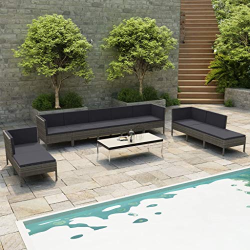 SKM Set Divani da Giardino 10 pz con Cuscini in Polyrattan Grigio (70kg)