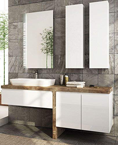 Mobile da bagno top in legno, lavabo a vista e ante e cassetti color bianco lucido con specchio con luce a led come da foto - 100% made in Italy