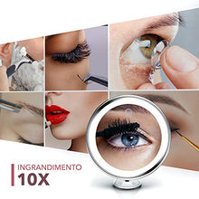 Fancii Specchio Ingranditore 10x per Trucco con Luce LED, USB o Batteria - Specchio Illuminato con Ingradimento, Luci Dimmerabile, Potente Ventosa, Rotazione a 360°, Per Bagno e Viaggio