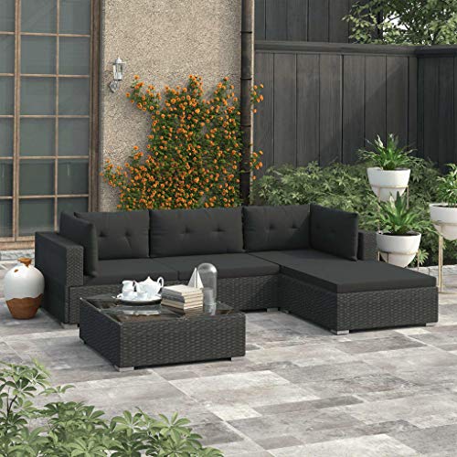 SKM Set Divani da Giardino 6 pz con Cuscini in Polyrattan Nero P