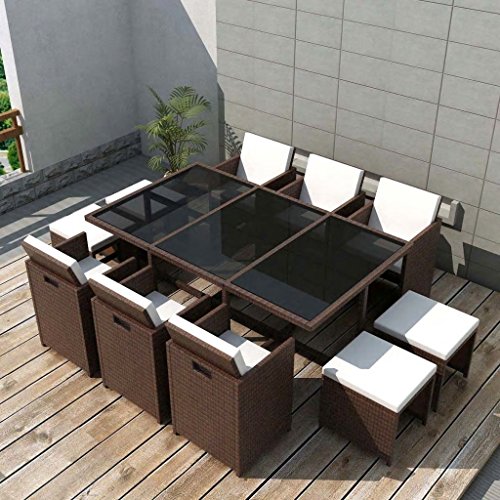 UnfadeMemory Set da Pranzo da Giardino Tavolo e Sedie da Esterno 11 pz con Cuscini Polyrattan Marrone