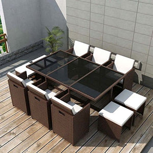 UnfadeMemory Set da Pranzo da Giardino Tavolo e Sedie da Esterno 11 pz con Cuscini Polyrattan Marrone