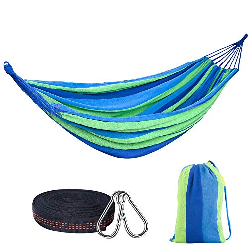 Amaca da Giardino, Amaca Doppia 190 x 150 cm, Amaca Portatile Doppia Tela Letto con Ganci e Corde, per Campeggio Viaggio Interni ed Esterni, Massima capacità di Carico 300KG, Strisce Verde-blu