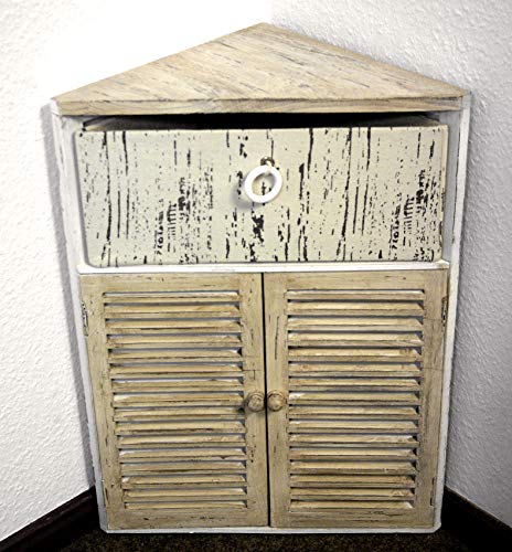 GeKi Trend Chabby Chic - Armadietto angolare piccolo in legno, 1 cassetto e porta lamellare, 63 cm, stile rustico, vintage, per bagno, camera da letto