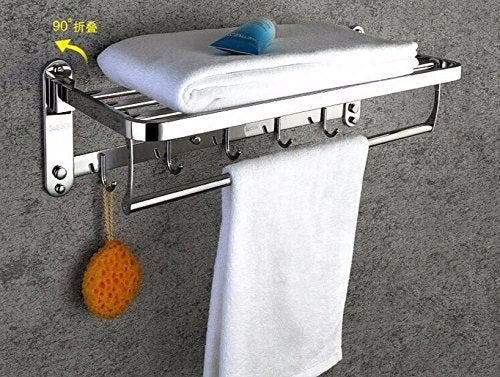 MBYW Portasciugamani Moderno Alto carico Portasciugamani Elegante da Bagno Mensola portaoggetti Towel Rack, Stainless Steel, Folding, Shelf, Wall-Mounted, Bathroom Storage Rack, with Hook 60 * 24cm