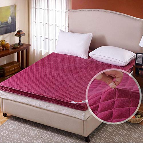 Premium Materasso Trapuntato, Velluto Molle Coprimaterasso Giapponese Futon Tatami Stuoie Topper Materasso Aderente Home,dormitorio Studentesco-Vino Rosso Pieno