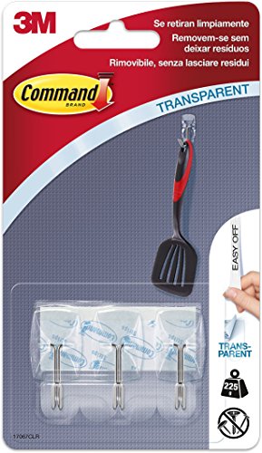 Command Ganci da Cucina Trasparenti con Punta Metallica, Ganci per Appendere Presine, Attrezzi Cucina, Strofinacci, Ganci Portasciugamani con Tenuta Fino a 225 Gr, 3 Ganci e 4 Strisce Adesive