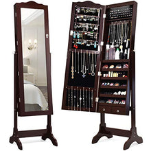 COSTWAY Armadietto Portagioie Specchiera per Gioielli con Chiave e Luci LED, Specchio Figura Intera da Terra, 160x41,5x37cm (Marrone)