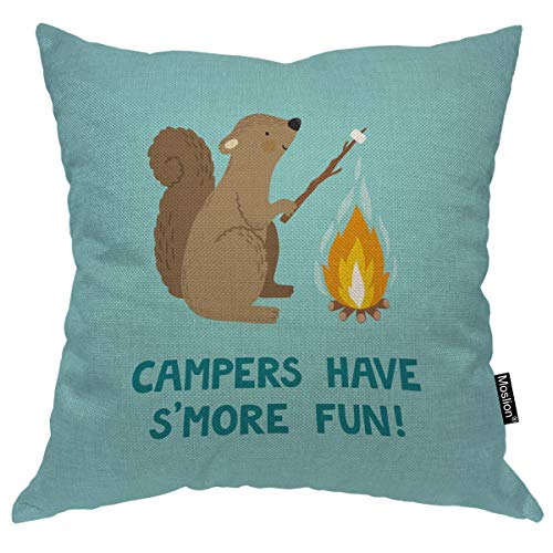 Moslion - Cuscino per scoiattoli con scoiattolo sorridente con marshmallow su ramo di albero, fuoco, campeggio, picnic, blu, marrone, decorativo, quadrato, in cotone, lino, 45 x 45 cm