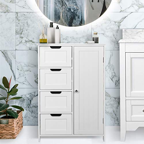 MIADOMODO® Mobiletto da Bagno - con 4 Cassetti, Anta e Ripiano Regolabile, 55 x 30 x 82 cm, MDF, Bianco - Mobile da Bagno, Armadietto, Cassettiera, Camera da Letto, Cucina, Soggiorno, Corridoio