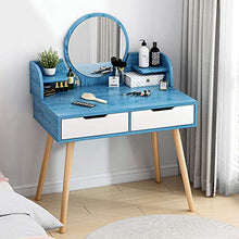 per Le Donne Ragazze Camera da Letto,Set di Sgabelli Imbottiti,Tavolo da Trucco Tavolo da Toeletta con Specchio Rotondo,2 Cassetti Grandi,Scaffali di Stoccaggio-Blue-c 60x40x119cm(24x16x47inch)