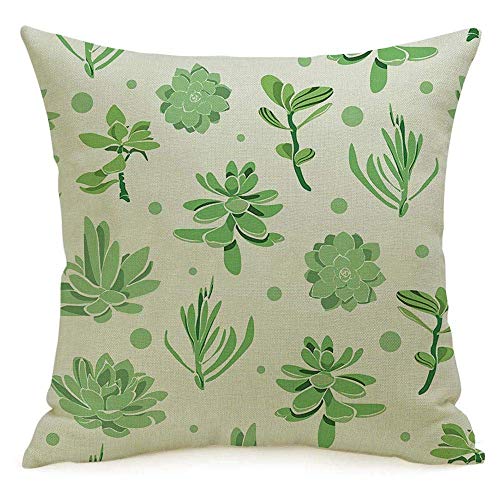 Fodera per cuscino quadrato in lino decorativo Fodera per cuscino esotico Piastrella foglia succulenta Eco Flora Divertimento naturale Grasso Giardino Cactus Monocromatico Natura Ramo in crescita Fede