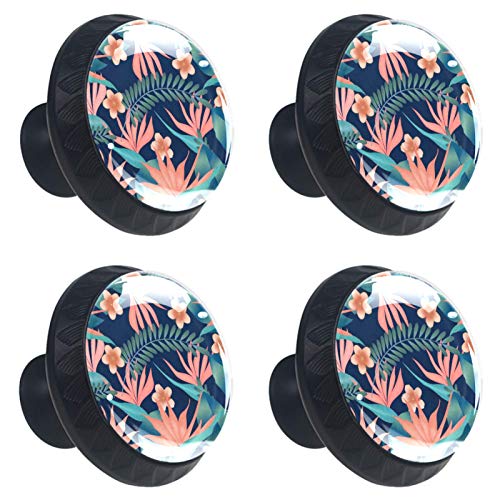 Set di 4 maniglie rotonde per armadio da cucina, credenza, cassettiera, cassettiera, con viti, per cucina, comò, armadietto, bagno, armadio, fiori tropicali verdi floreali
