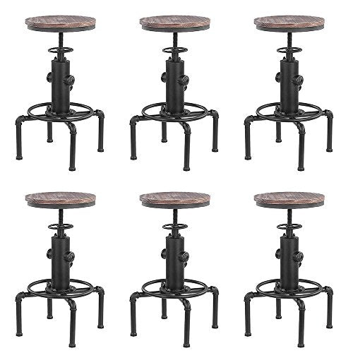 IKAYAA Sgabello Industriale, Set di 6 Sgabello Bar, Metal Sgabelli Cucina Sgabello Altezza Pendente Girevole Regolabile in Legno Pianoforte Tavolo da Pranzo Sgabello con Poggiapiedi ((6 Pezzi))