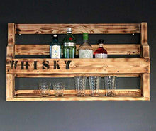 Mensola per Whisky in Legno - con portabicchieri e Scritta Whisky - fiammata - Stile Industriale - Pronto per Il Montaggio - Bar a Muro - mensola per Whisky in Legno