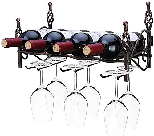 RINGLICHT F Ferro Battuto Wine Rack, Calici Cremagliera del Supporto, Retro Vino Scaffale, Muro Pendenti Montata Vino Spumante Vetro Calici, Decorazione Domestica Luogo 4 Bottiglie 6 Tazze