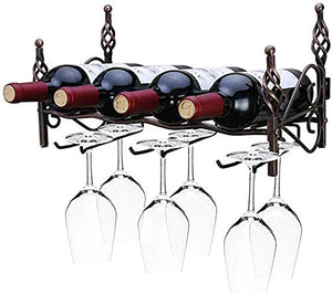 RINGLICHT F Ferro Battuto Wine Rack, Calici Cremagliera del Supporto, Retro Vino Scaffale, Muro Pendenti Montata Vino Spumante Vetro Calici, Decorazione Domestica Luogo 4 Bottiglie 6 Tazze