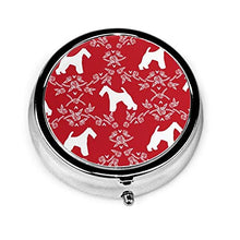 Scatola rotonda per medicina portatile, mini pillole in metallo, dispenser per pillole da tasca, borsa da viaggio, con filo Fox Terrier cane silhouette floreale rosso