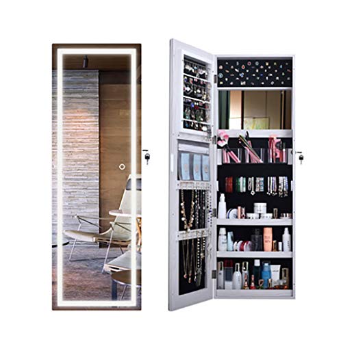 JN Armadietto per Gioielli, Organizer con Serratura, con LED, Specchio per Trucco da Appoggio, Archiviazione per Organizzatore, per Anelli Orecchini Bracciali Cosmetici, Bianco
