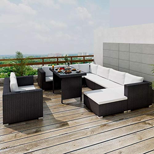 Tidyard Set Divani da Giardino 10 pz con Cuscini in Polyrattan Nero, Set Divani da Giardino, Set Divani da Giardino da Esterno 70 x 70 x 56 cm