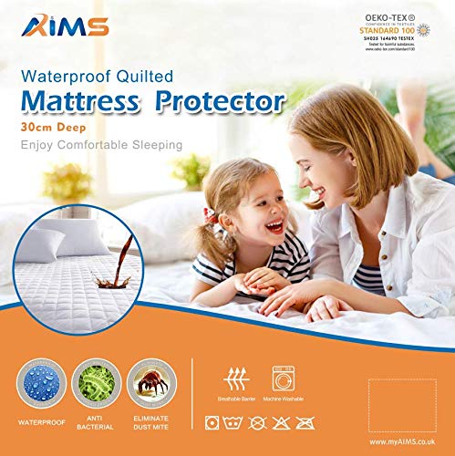 AIMS, Coprimaterasso trapuntato impermeabile in microfibra con angoli elasticizzati, 30 cm di profondità, per letto matrimoniale