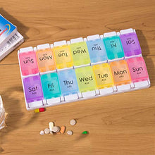 DOITOOL - Contenitore per pillole da viaggio, 2 file di 14 griglie, contenitore per pillole settimanali, per medicine, tablet, in plastica, portatile, contenitore per pillole arcobaleno