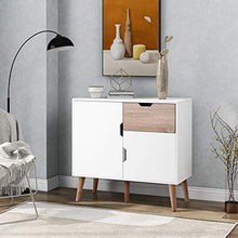 MUNCASO - Cassettiera con 1 cassetto e 2 ante, per camera da letto, soggiorno, sala da pranzo, 5 gambe di sostegno, colore: Bianco + rovere in legno