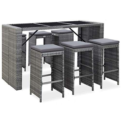 Set da Bar da Giardino 7 pz con Cuscini in Polyrattan Grigio