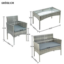 Belissy Set di mobili da balcone in rattan sintetico, da giardino, balcone, terrazzo, divano,set di mobili da giardino in polyrattan,per 4 pezzi,divano e tavolo,cuscini per giardino (grigio + rattan)