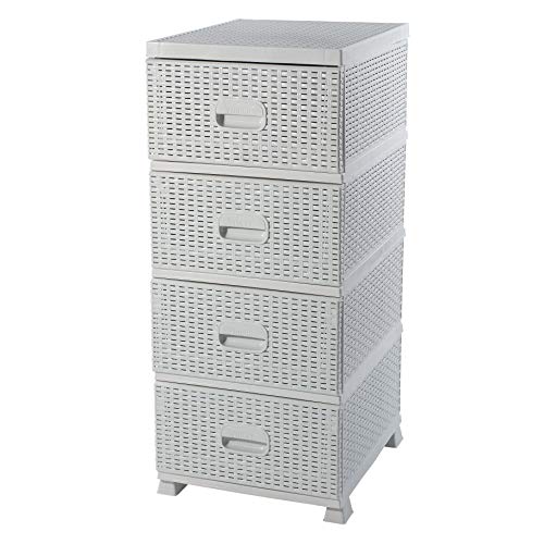 ADGO Armadio con 4 cassetti, in rattan, per camera da letto, armadio, in plastica, 38 x 45 x 90 cm, colore: bianco