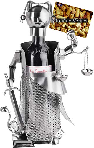 BRUBAKER Portabottiglie Justitia Silver - Supporto per Bottiglie in Metallo - Regalo di Vino con Figura in Metallo per Avvocati, Giudici, Avvocati, Studio Legale - con Biglietto D'auguri