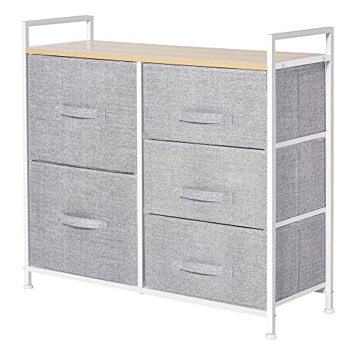homcom Cassettiera in Metallo Bianco e Legno con 5 Cassetti Pieghevoli e Rimovibili in Tessuto Grigio, 83Lx 29P x 77Acm