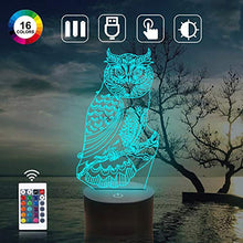CooPark Lampada da comodino gufo per bambini, gufo 3D Illusion Lampada da tavolo Arredamento camera da letto Interruttore tattile remoto 16 colori che cambiano giocattoli Regali di compleanno