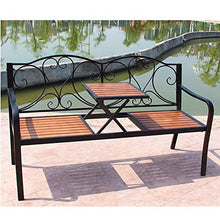 Panca da Giardino da 59 Pollici Per Patio Esterno,Panchina da Balcone Con Tavolino Centrale Regolabile,Sedili Portico Con Struttura In Legno Massello E Ghisa Anticorrosivi，Per Cortile / Prato