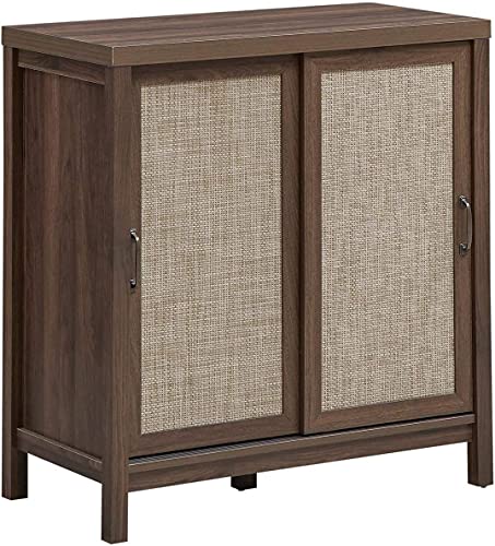 DREAMADE Armadietto Retrò in Legno Colore Noce Scuro con Ante in Rattan Intrecciato, Mobiletto Basso con 2 Ante per Salotto, Camera da Letto, Cucina e Bagno, Armadietto a Terra Design Moderno