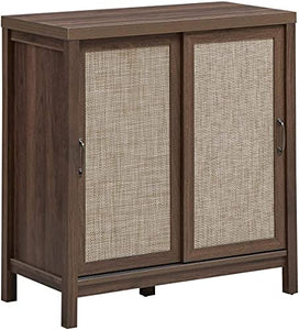 DREAMADE Armadietto Retrò in Legno Colore Noce Scuro con Ante in Rattan Intrecciato, Mobiletto Basso con 2 Ante per Salotto, Camera da Letto, Cucina e Bagno, Armadietto a Terra Design Moderno