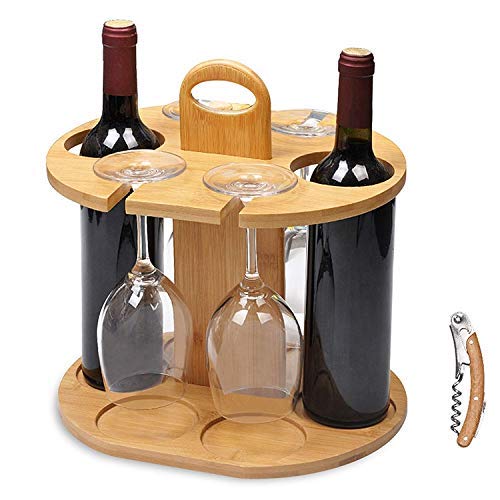 Service21 Porta bottiglie di vino per 2 bottiglie e 4 bicchieri, con apribottiglie in 100% bambù sostenibile