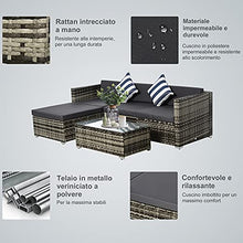 Outsunny Set Mobili da Giardino da 5 Pezzi, Divanetto per Esterni con Pouf e Tavolino in Rattan PE, Grigio