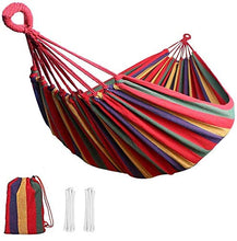 SUFUS Amaca da Giardino, Massima capacità di Carico 300 kg (260 x 150 cm) | con Barre per la Diffusione | Amache di Cotone per Esterno Campeggio - Rosso colorato Strisce Arcobaleno