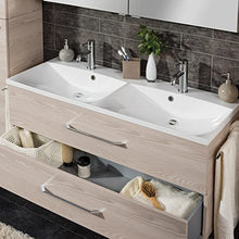 Fackelmann B.Clever - Set di mobili da bagno, 2 pezzi, 120 cm, in legno di frassino con mobiletto sottolavello, con doppia vasca in marmo pressofuso e armadietto a LED