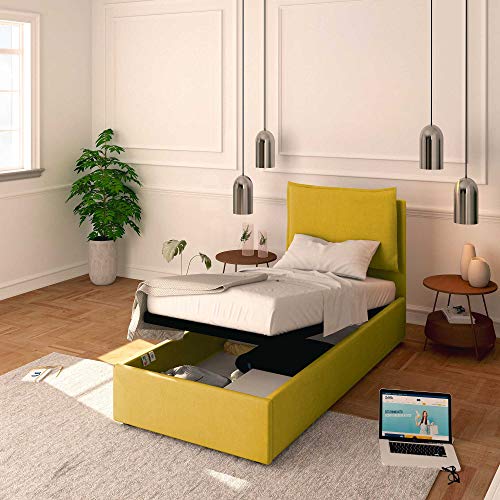 Baldiflex Letto Singolo con Contenitore Modello Licia in Tessuto, Rete a Doghe, per Materassi Singoli 80x190 cm, Testiera Finemente Imbottita, colore Melon