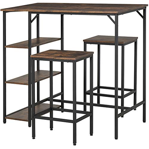 HOMCOM Set Tavolo Alto con 2 Sgabelli e Scaffale Stile Industriale in Metallo e Legno, Arredamento Moderno Bar e Cucina, Marrone Rustico